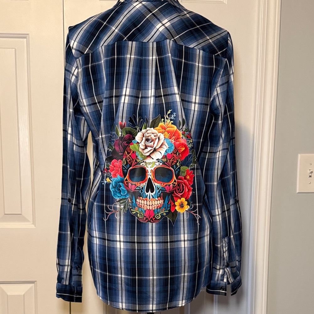 One of a kind, hand stencilled, repurposed, floral skull top